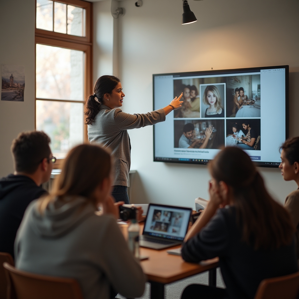 Lezione in aula sulla composizione fotografica con studenti e istruttore