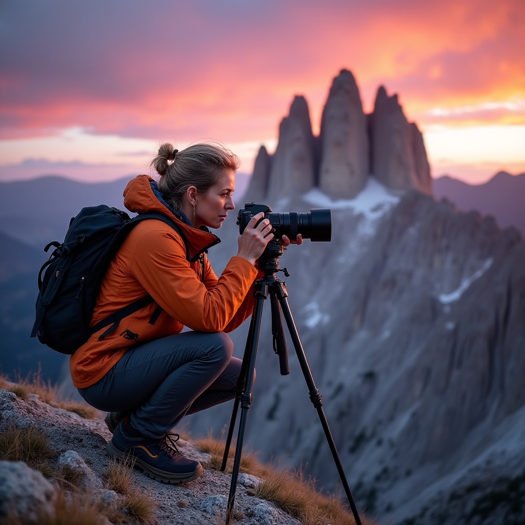 Fotografa di paesaggio che riprende le Dolomiti al tramonto