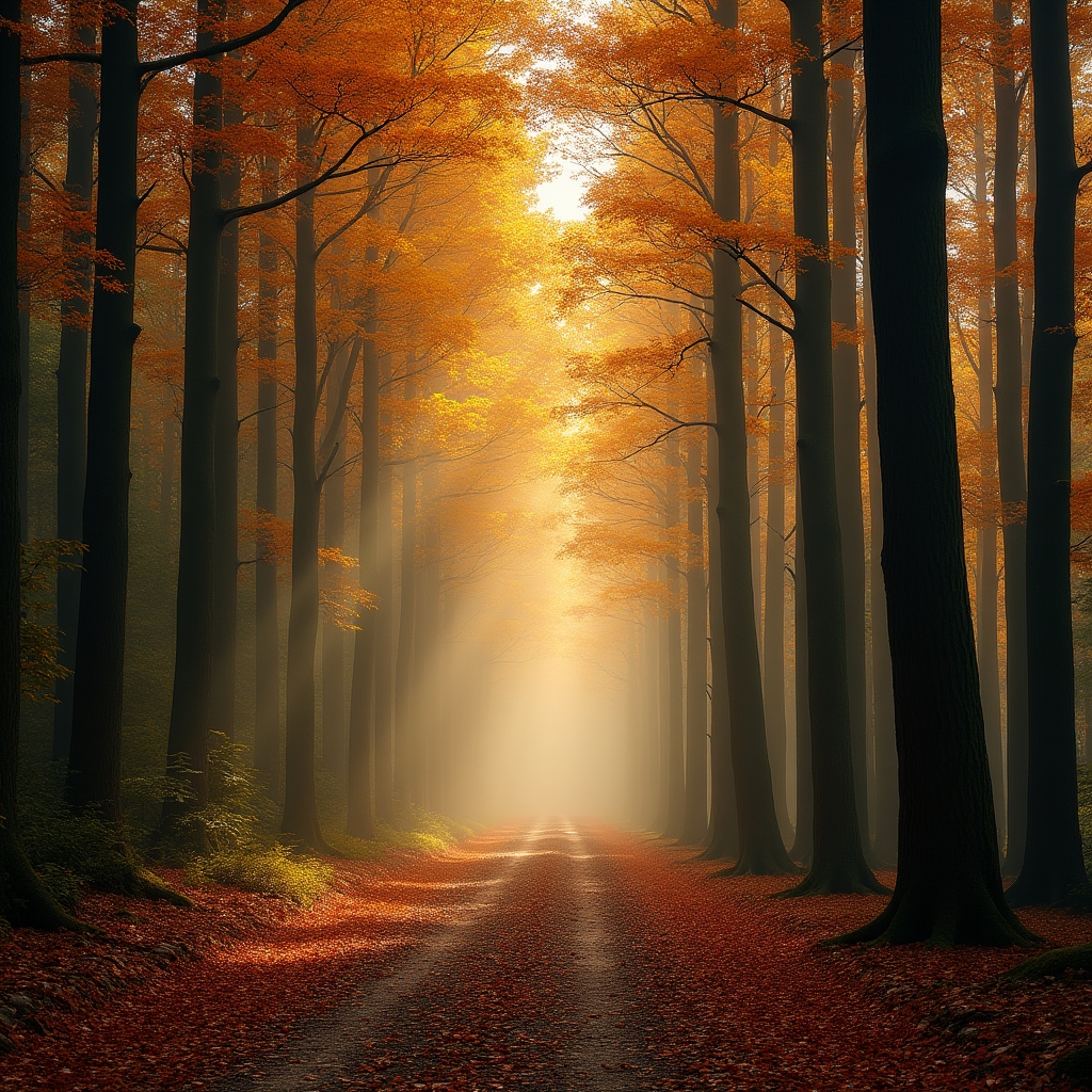 Luce laterale mattutina in una foresta autunnale con nebbia bassa