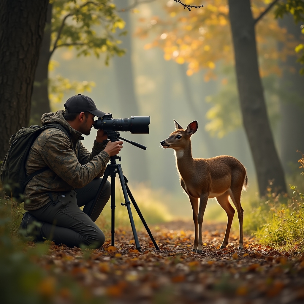 Fotografo che riprende un capriolo in un bosco con obiettivo tele