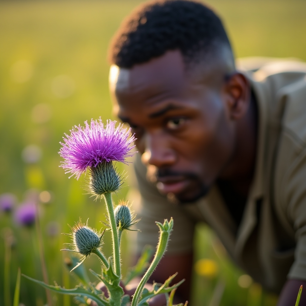 Fotografo che riprende fiori di campo con obiettivo macro