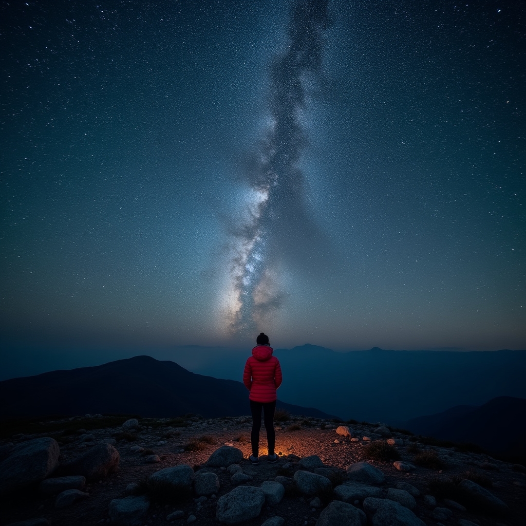 Fotografo che riprende la Via Lattea da un pianoro montano di notte