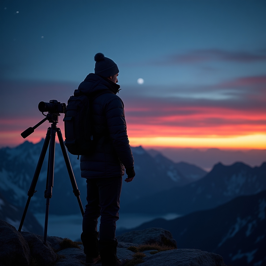 Fotografo che attende la luce dell'alba su una vetta montana
