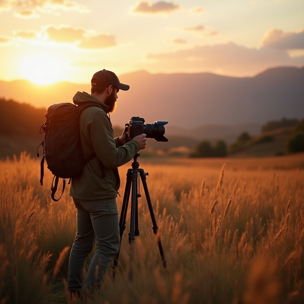 Fotografo in un parco nazionale italiano al tramonto