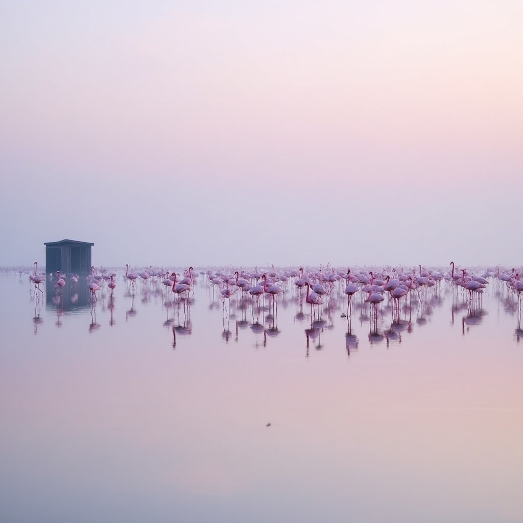 Fenicotteri nella riserva naturale del Delta del Po all'alba