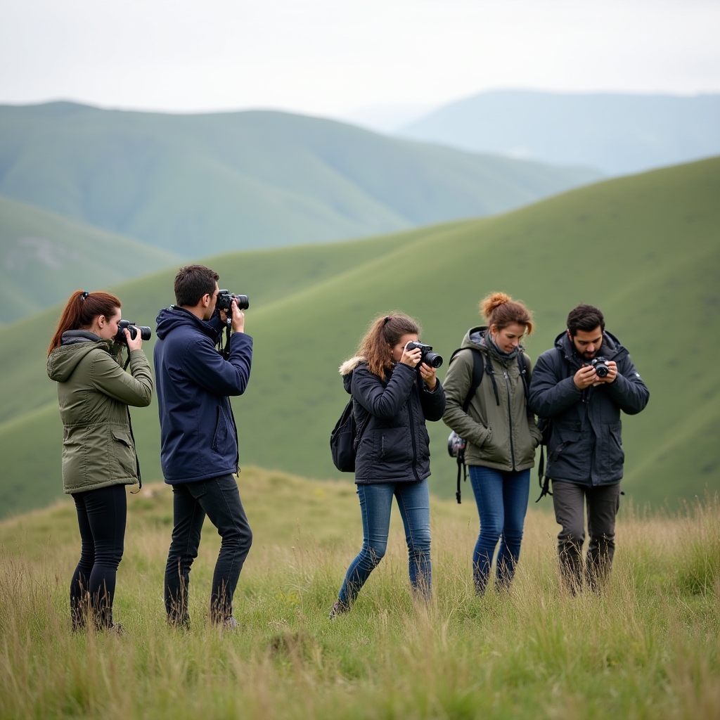 Gruppo di studenti fotografa durante un'uscita pratica in un parco naturale